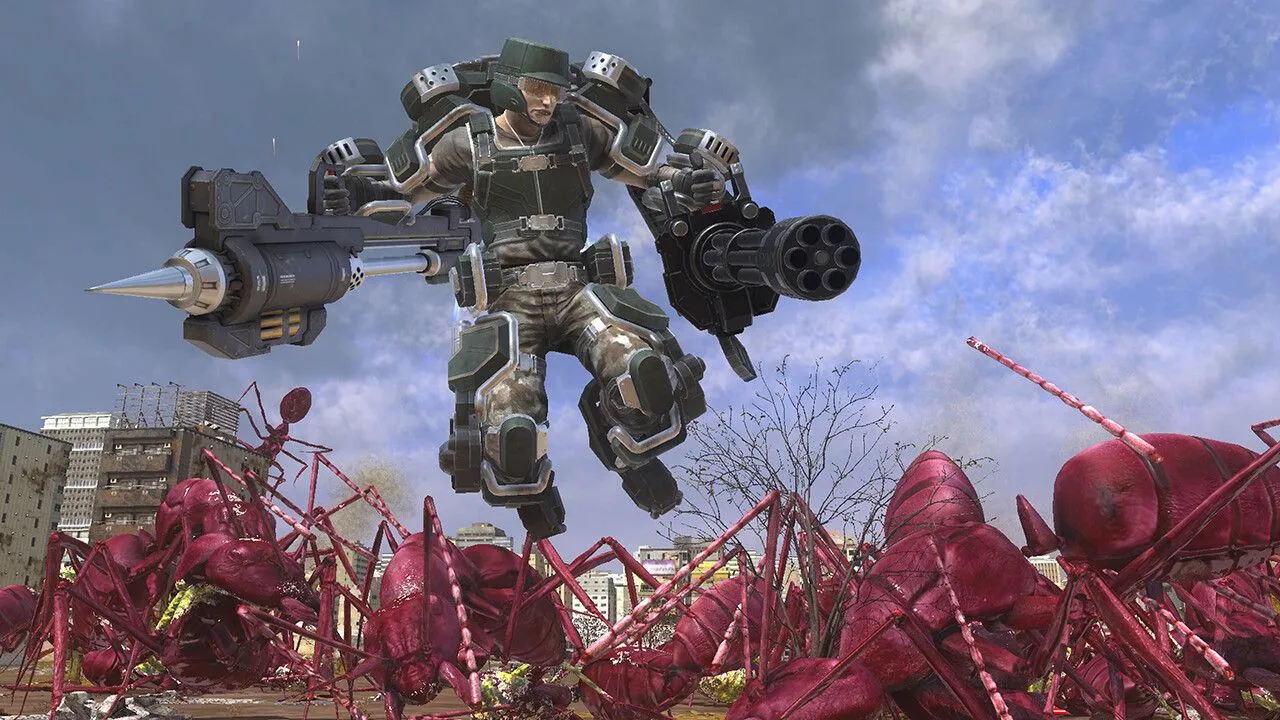 Người lính chống lại lũ kiến khổng lồ trong Earth Defense Force 6, một ví dụ về series game lặp lại công thức nhưng vẫn được yêu thích.