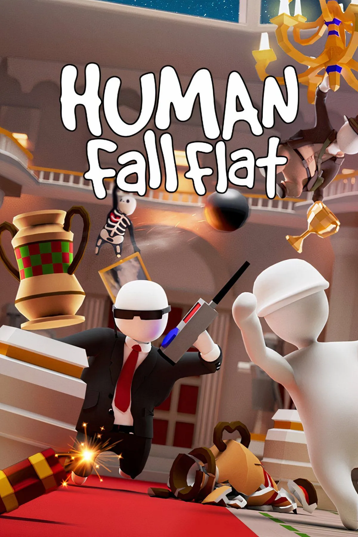 Nhân vật Bob với thân hình lỏng lẻo vật lộn với các chướng ngại vật trong Human Fall Flat, minh họa lối chơi ragdoll chính