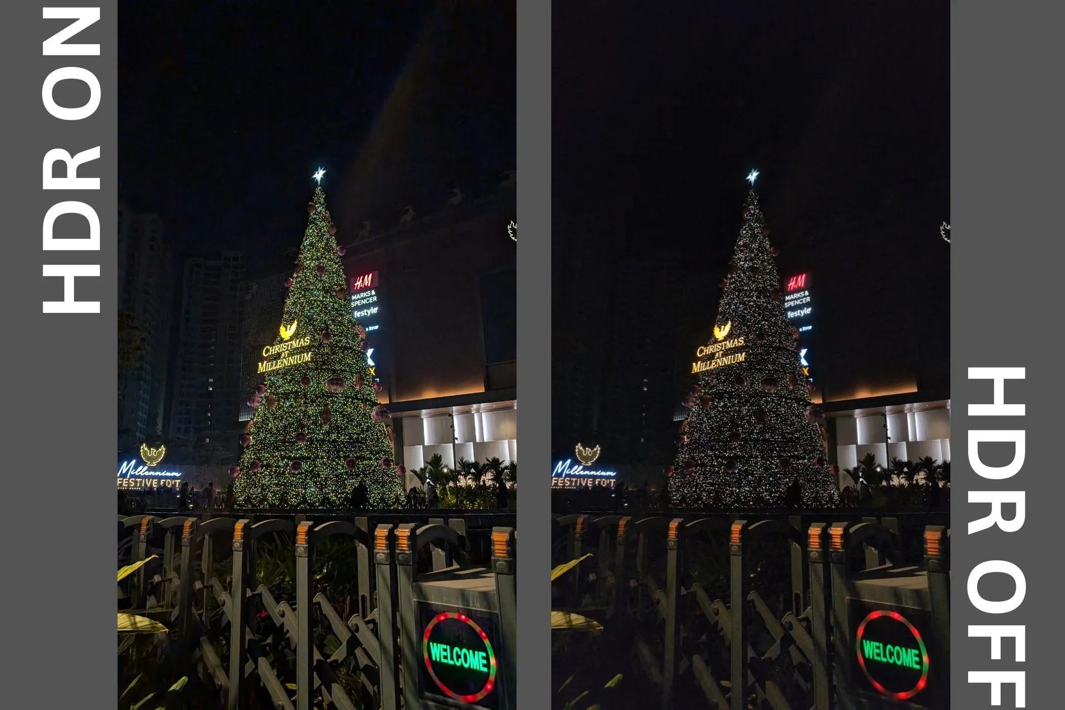 So sánh ảnh thực tế chụp với HDR BẬT và HDR TẮT, minh họa ảnh hưởng của HDR đến màu sắc và độ tương phản, có thể dẫn đến hiệu ứng giả tạo.