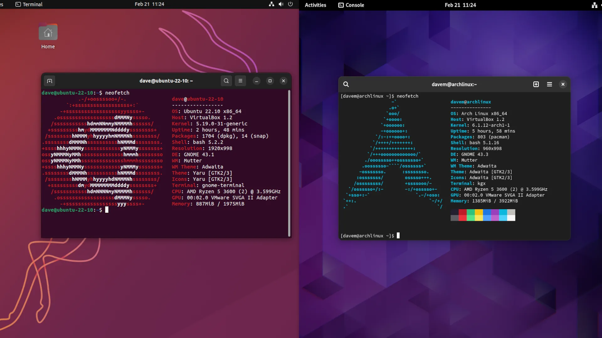 So sánh giao diện GNOME của Ubuntu và Arch Linux, cho thấy sự khác biệt trong thiết kế
