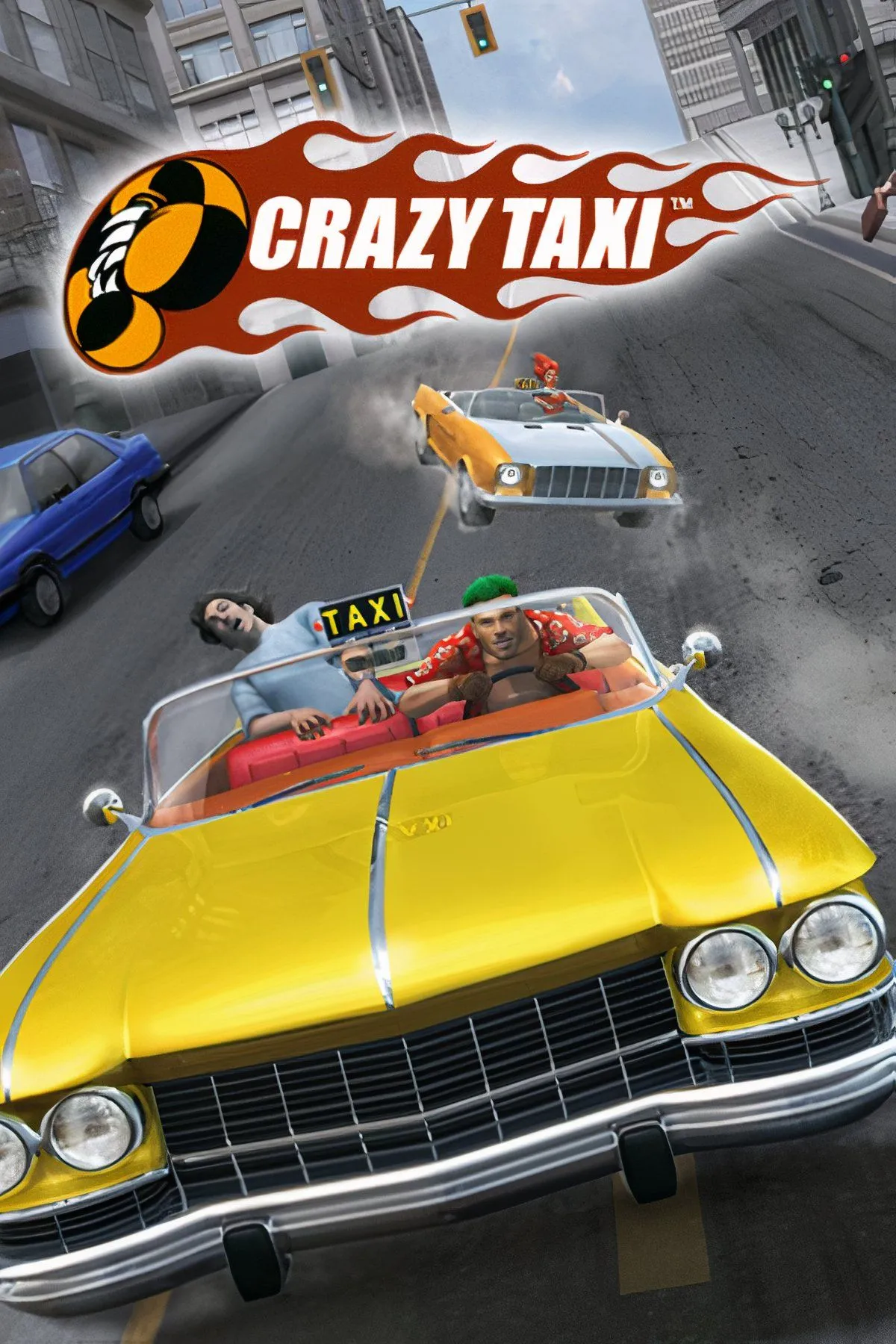 Tài xế taxi đang thực hiện pha drift trong game Crazy Taxi với đồ họa màu sắc