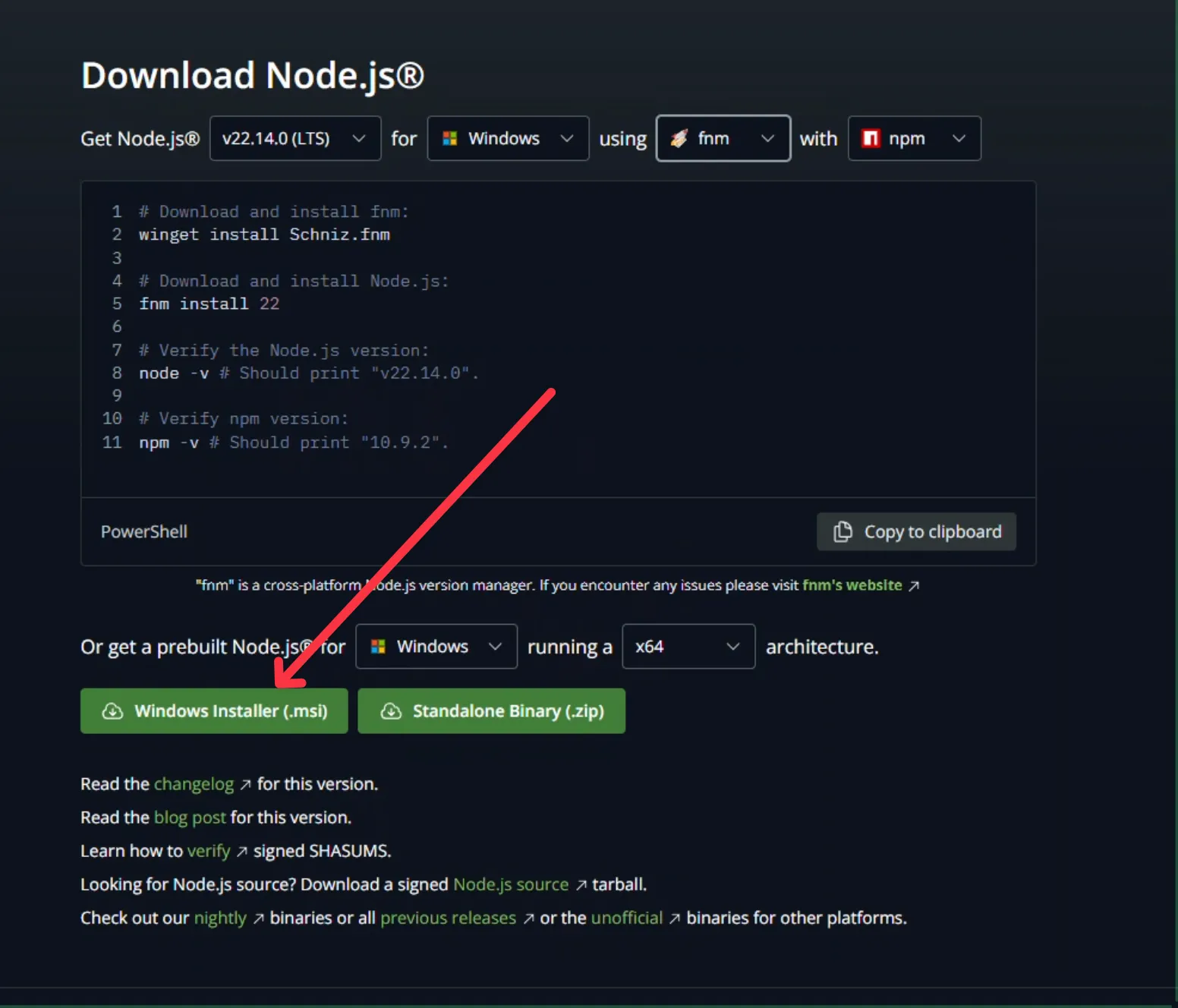 Tải xuống trình cài đặt Node.js chính thức cho Windows để sử dụng Nativefier