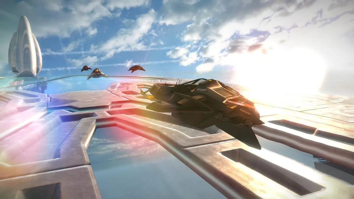 Tàu chiến trong Wipeout Omega Collection bay qua đường đua phản chiếu ánh sáng