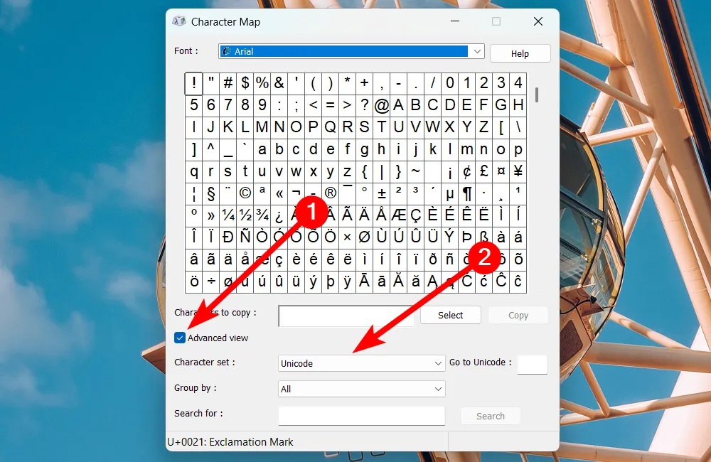 Thay đổi cài đặt mã hóa ký tự trong chế độ xem nâng cao của Character Map trên Windows 11.