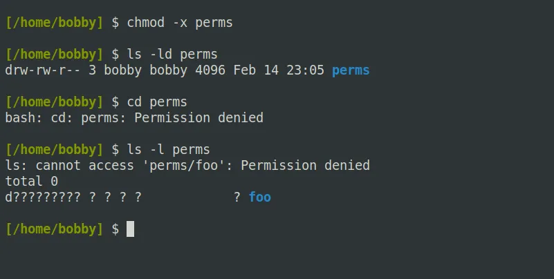 Thư mục Linux bị từ chối truy cập và hiển thị chi tiết nội dung sau khi loại bỏ quyền execute