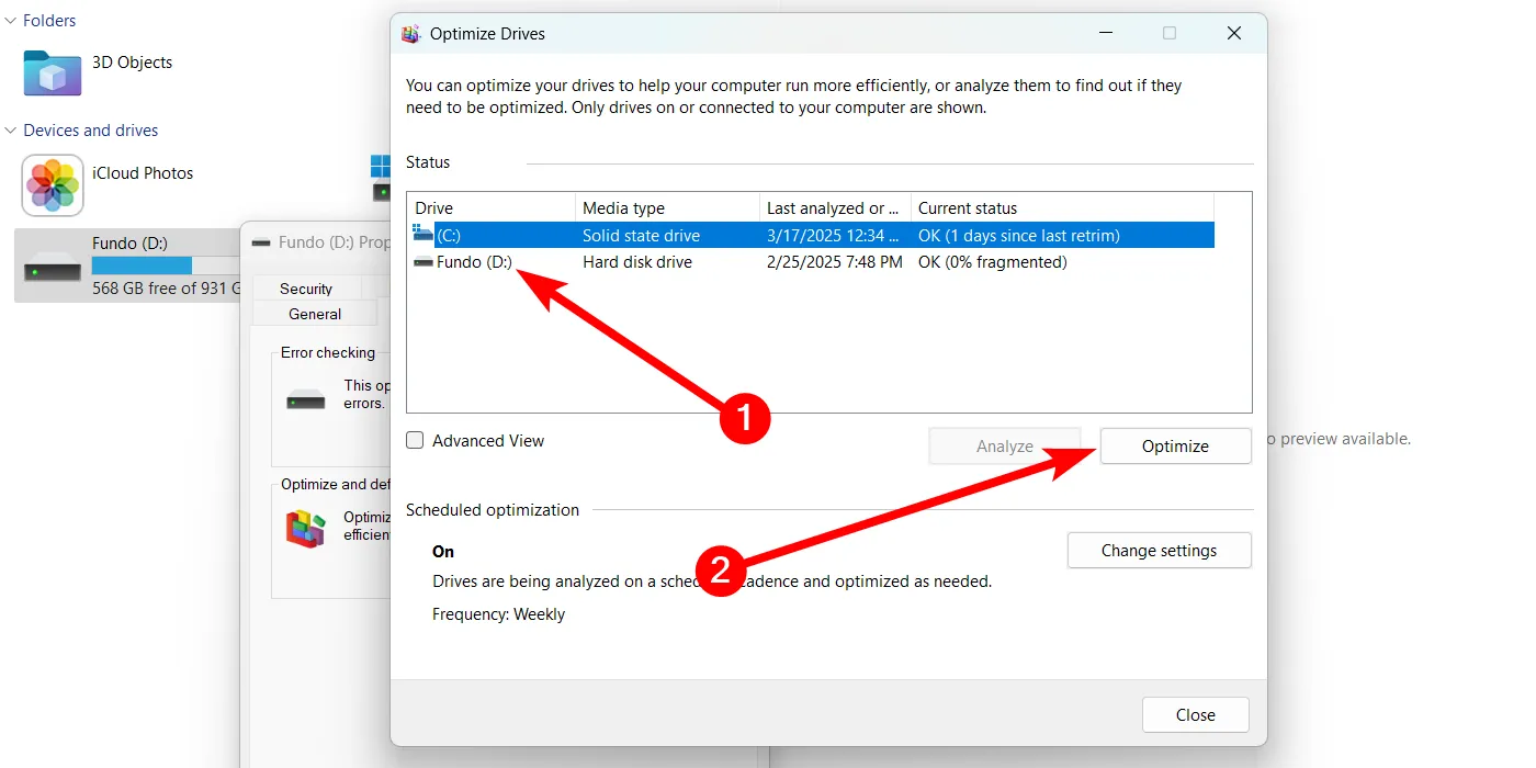 Thực hiện tối ưu hóa ổ đĩa HDD bằng cách chọn và nhấn &quot;Optimize&quot; trong cửa sổ Optimize Drives Windows 11.