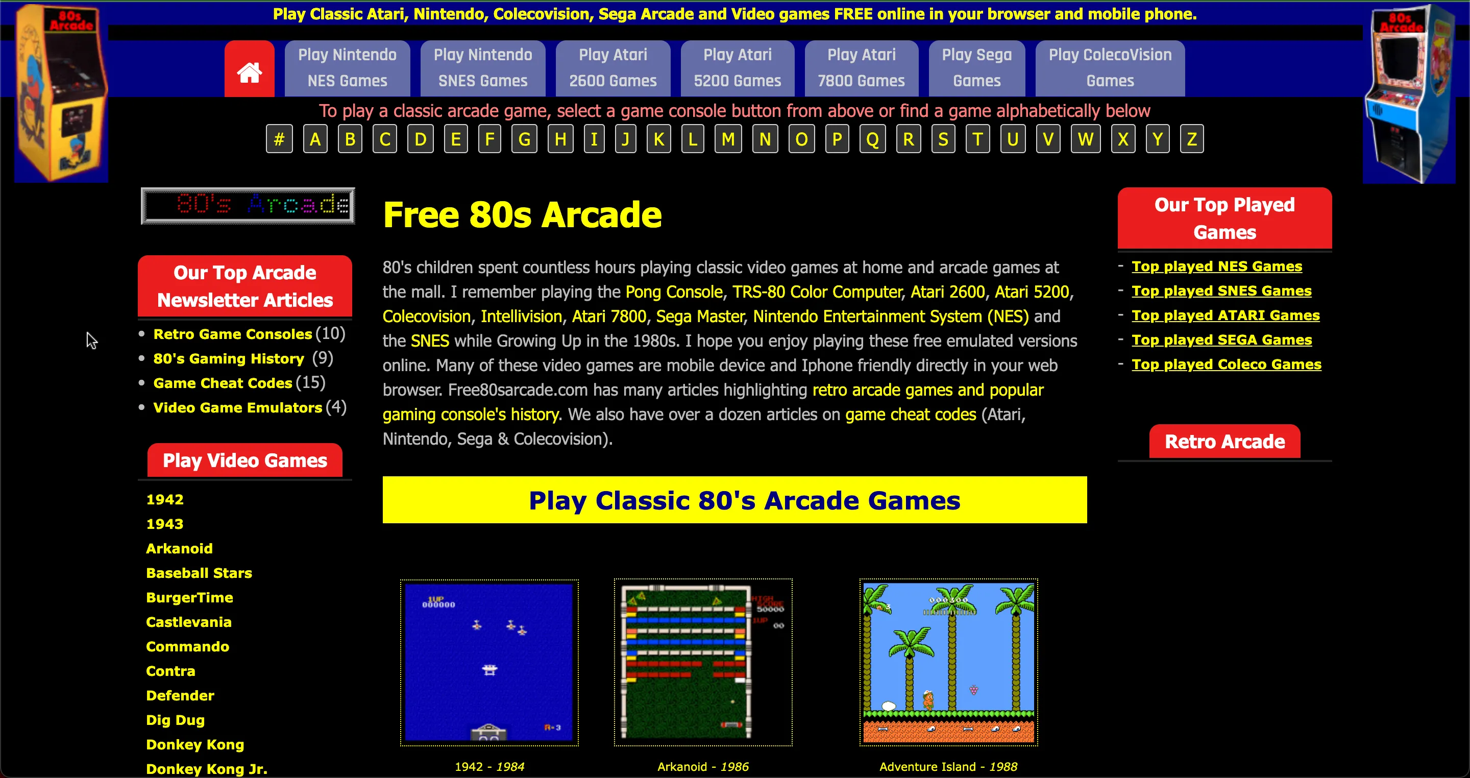Trang chủ Free 80s Arcade với giao diện đầy màu sắc, giới thiệu các game thập niên 80