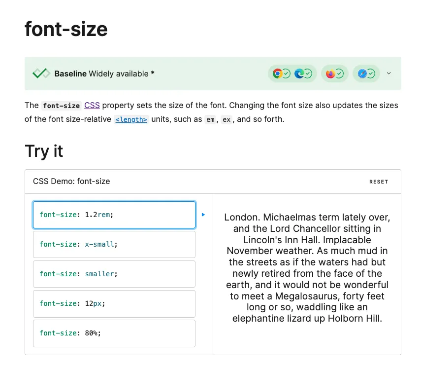 Trang tham chiếu thuộc tính font-size trên MDN CSS, bao gồm giải thích giá trị và bảng tương thích trình duyệt