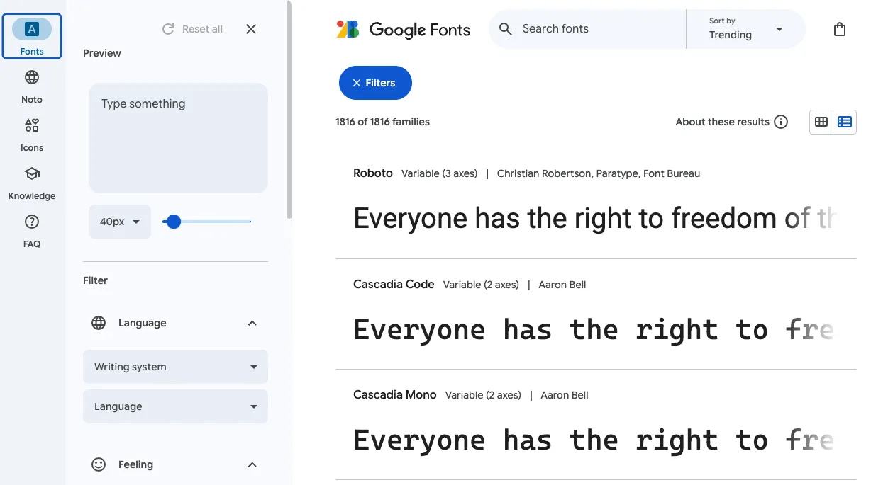 Trang web Google Fonts với nhiều mẫu phông chữ và các tùy chọn bộ lọc như ngôn ngữ và phong cách