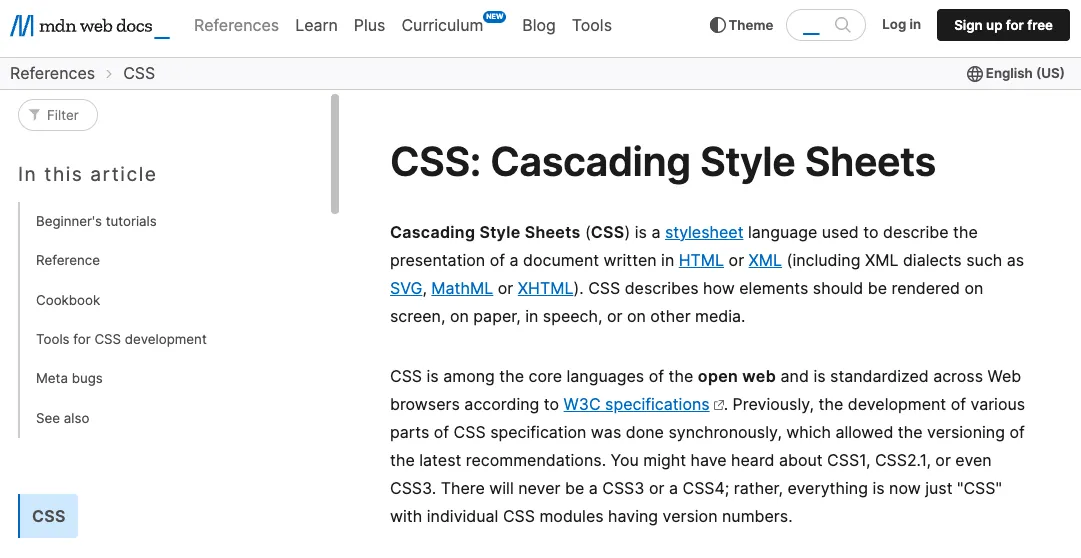 Trang web MDN Web Docs giới thiệu phần Cascading Style Sheets (CSS), giải thích về chức năng trình bày tài liệu HTML