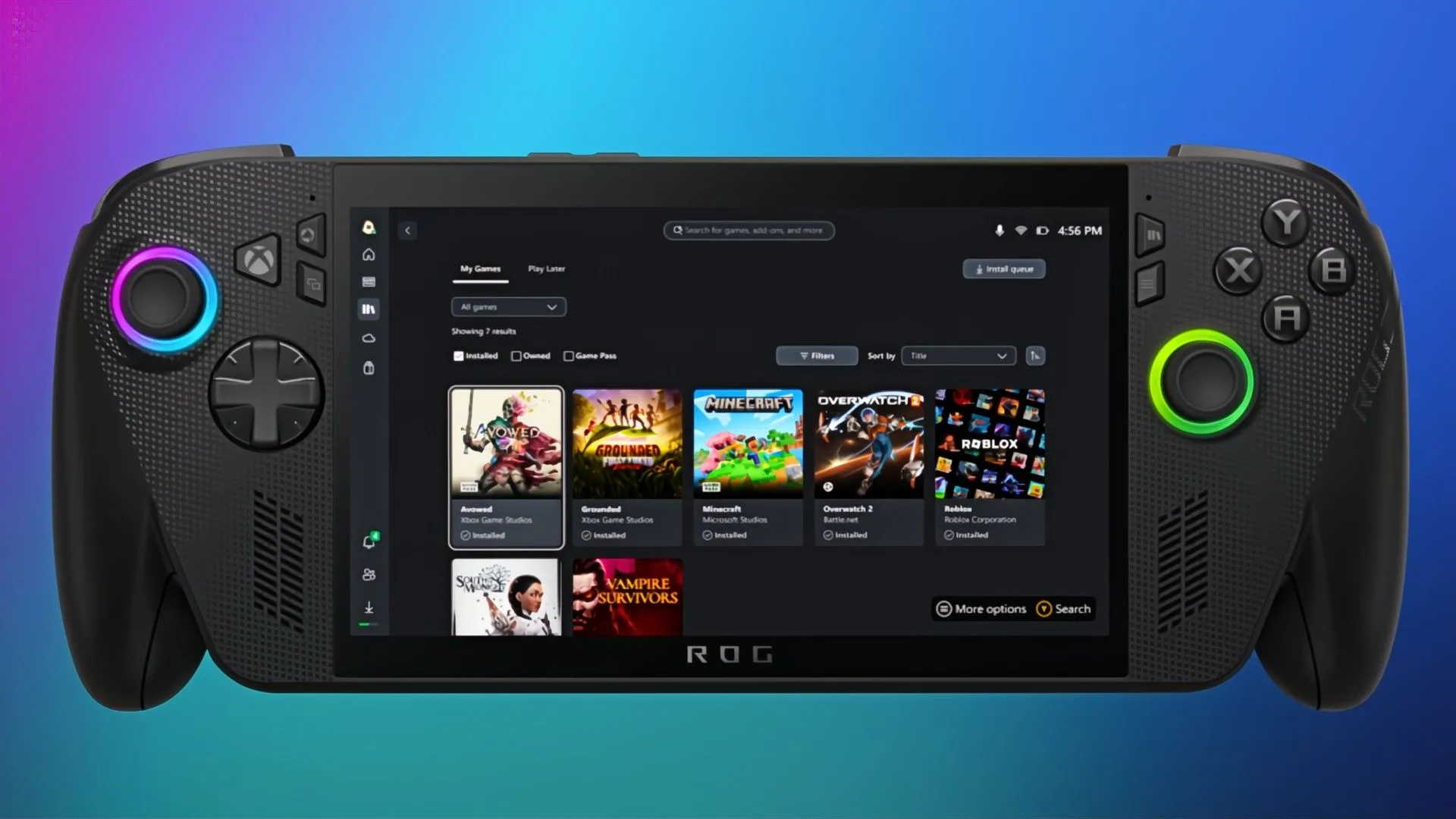 Ứng dụng Xbox trên thiết bị cầm tay ROG Ally hiển thị các trò chơi