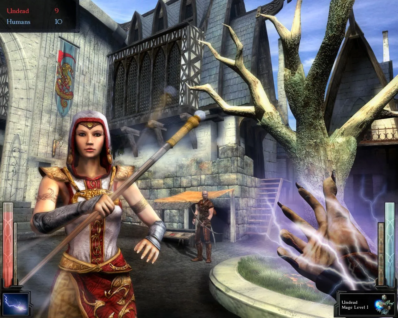 Ảnh chụp màn hình chính thức của Dark Messiah of Might and Magic, thể hiện cảnh chiến đấu góc nhìn thứ nhất với yếu tố vật lý