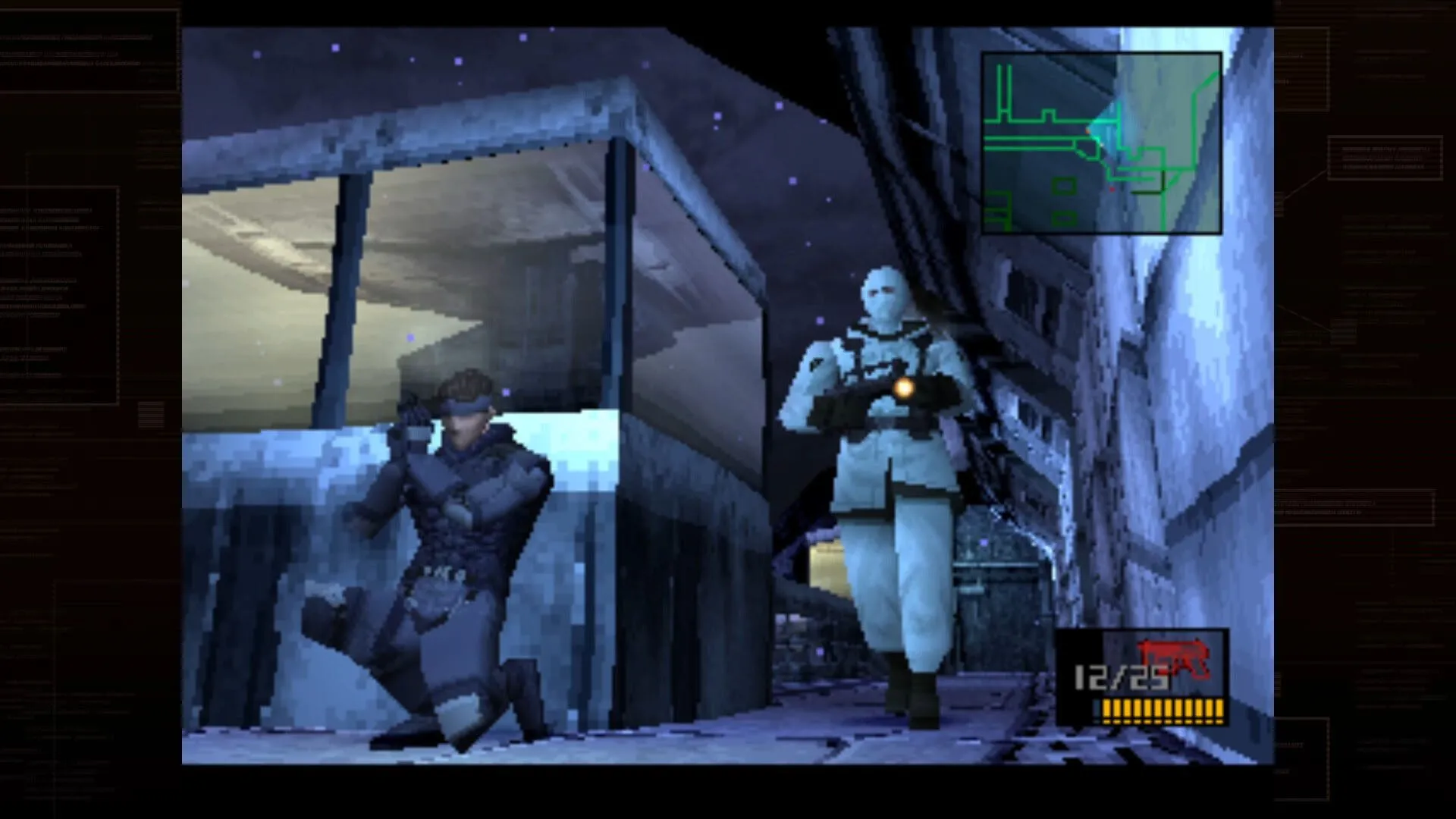 Ảnh chụp màn hình Metal Gear Solid phiên bản gốc từ Steam, hiển thị đồ họa đặc trưng của game hành động lén lút trên PS1