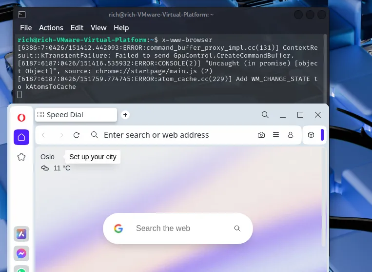 Ảnh chụp màn hình terminal đang chạy lệnh x-www-browser qua SSH với X11 forwarding, mở trình duyệt Opera