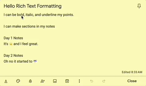 Ảnh động minh họa các tùy chọn định dạng văn bản trên Google Keep web