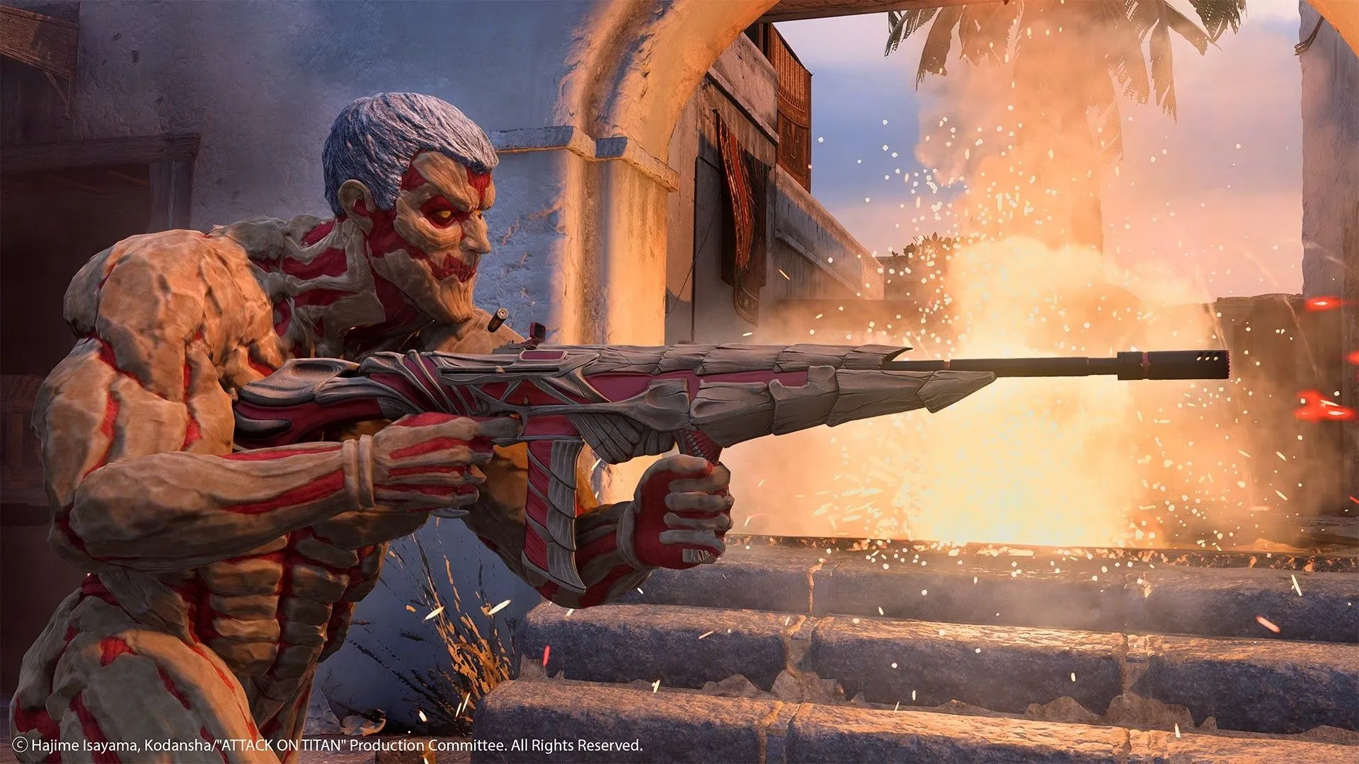 Armored Titan từ Attack on Titan cầm súng trong Call of Duty: Warzone, minh họa sự thiếu đồng bộ về phong cách nghệ thuật khi crossover.