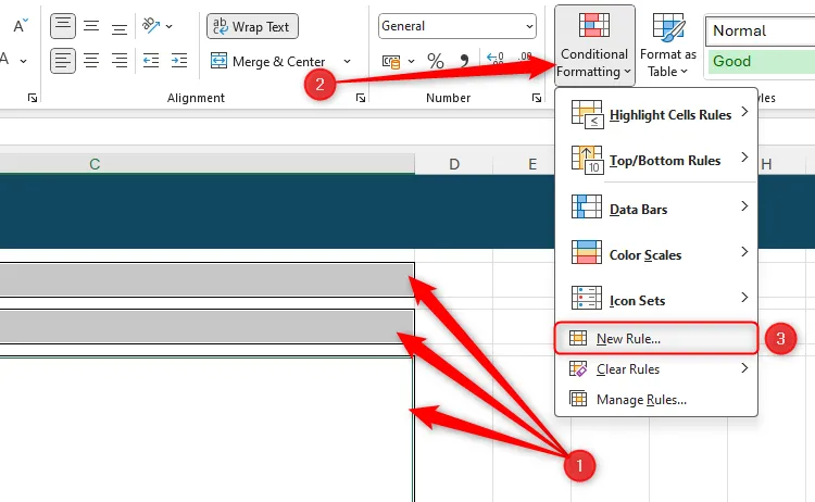 Ba ô trong Excel được chọn, và Quy tắc Mới trong menu thả xuống Định dạng Có Điều Kiện được tô sáng