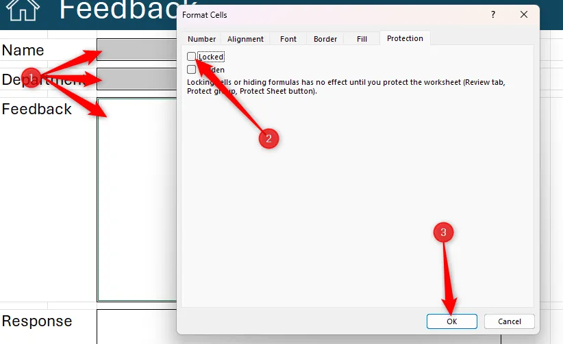 Ba ô trong Excel được chọn, và tùy chọn Locked (Khóa) trong tab Protection (Bảo vệ) của hộp thoại Format Cells (Định dạng Ô) được bỏ chọn