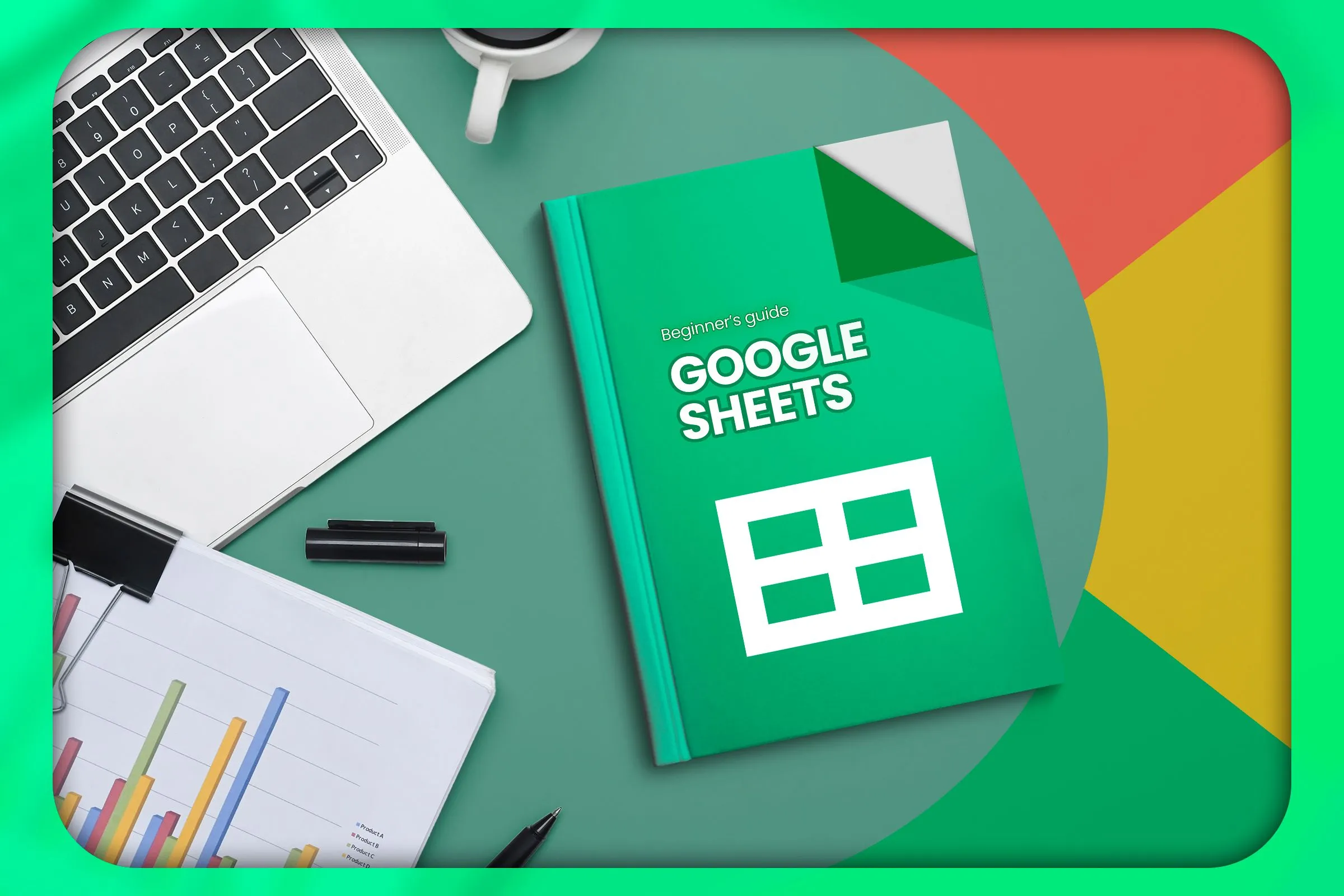 Bàn làm việc với laptop, bảng tính Google Sheets và sách hướng dẫn cơ bản