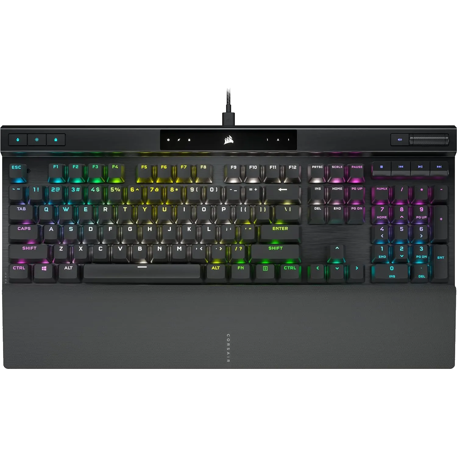 Bàn phím cơ Corsair K70 PRO với các phím media chuyên dụng và núm xoay điều chỉnh âm lượng.