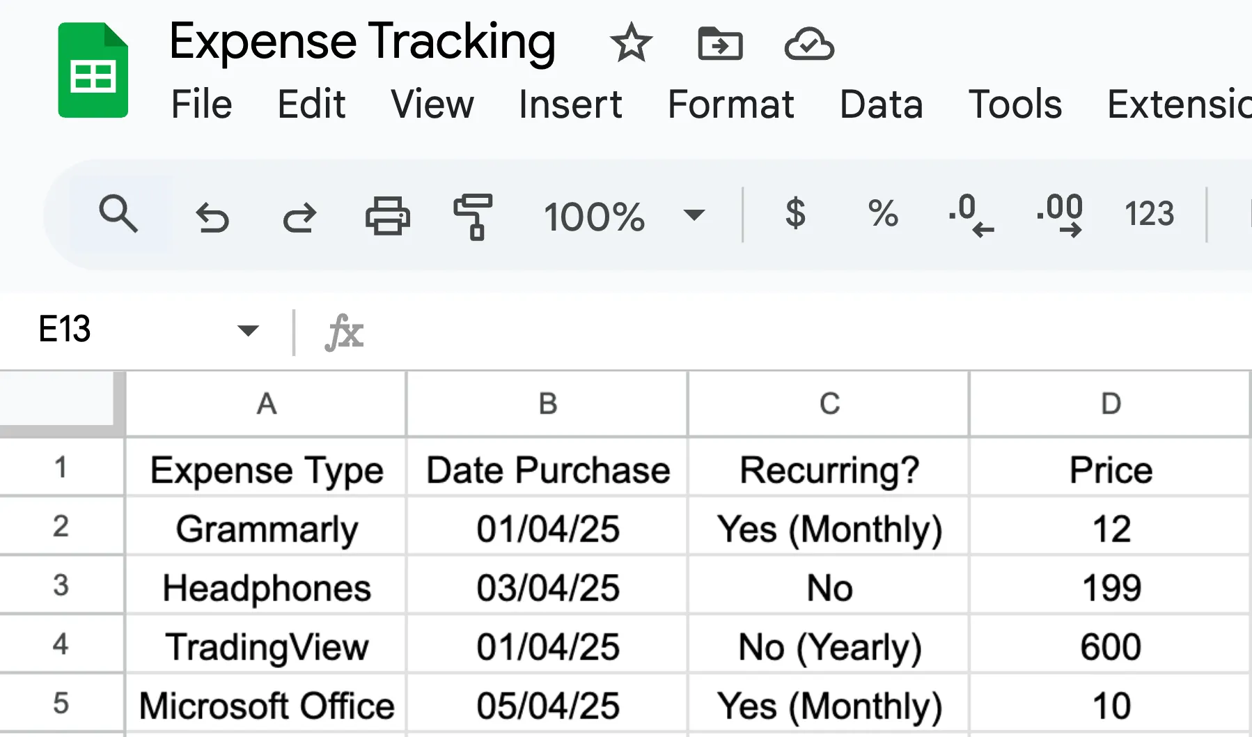 Biểu đồ theo dõi chi phí freelance hàng tháng trên Google Sheets, minh họa khả năng quản lý tài chính.