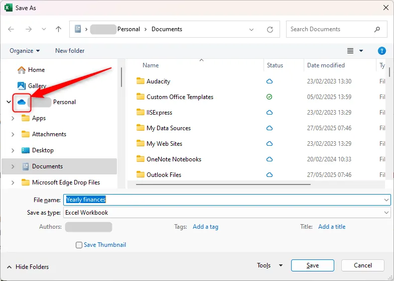 Biểu tượng OneDrive được đánh dấu trong hộp thoại Save As của Excel