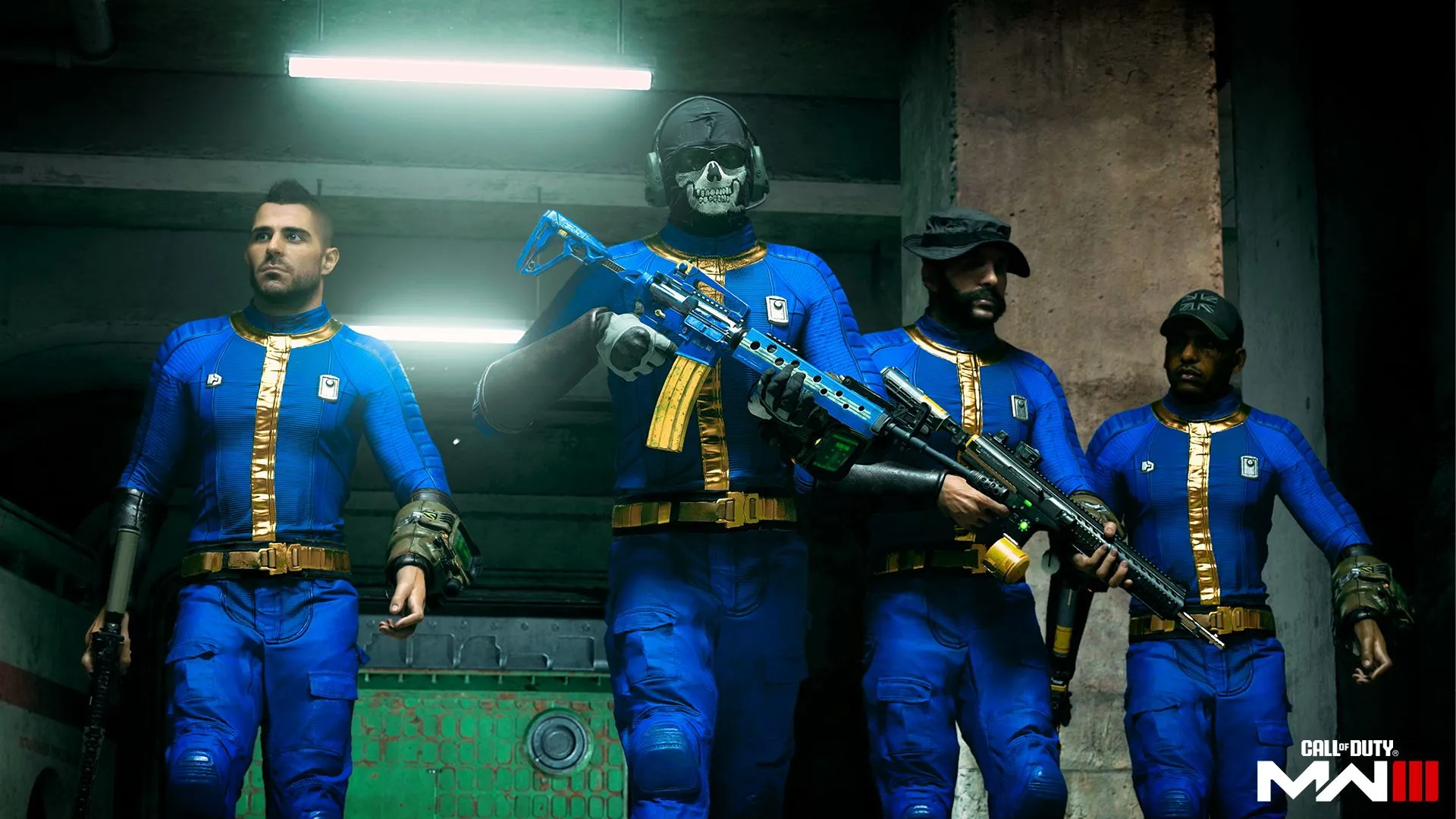 Các nhân vật mặc trang phục Fallout trong Call of Duty: Modern Warfare III, ví dụ về crossover gây tranh cãi về nhận diện hình ảnh game.