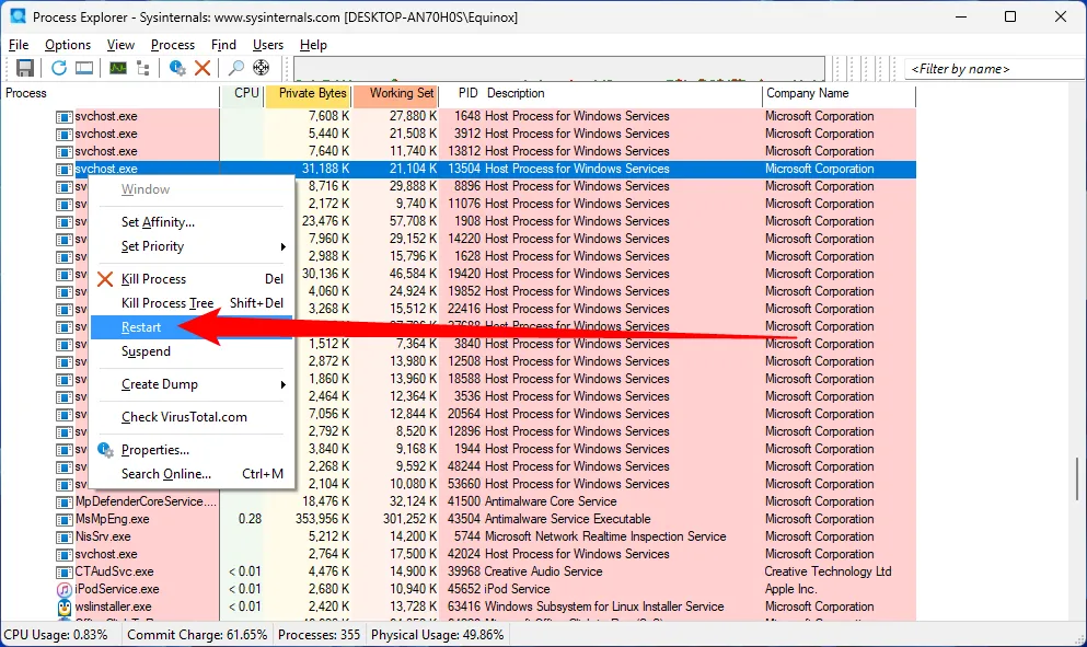 Các tùy chọn chấm dứt hoặc khởi động lại một tiến trình trong Process Explorer