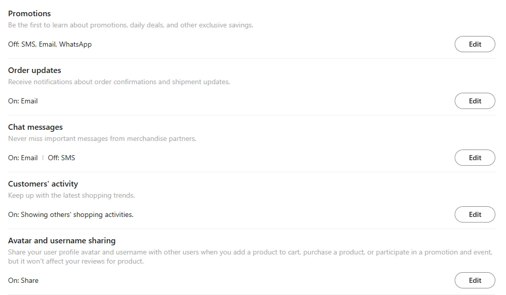 Các tùy chọn kiểm soát thông báo email của Temu trong phần cài đặt tài khoản trên website.