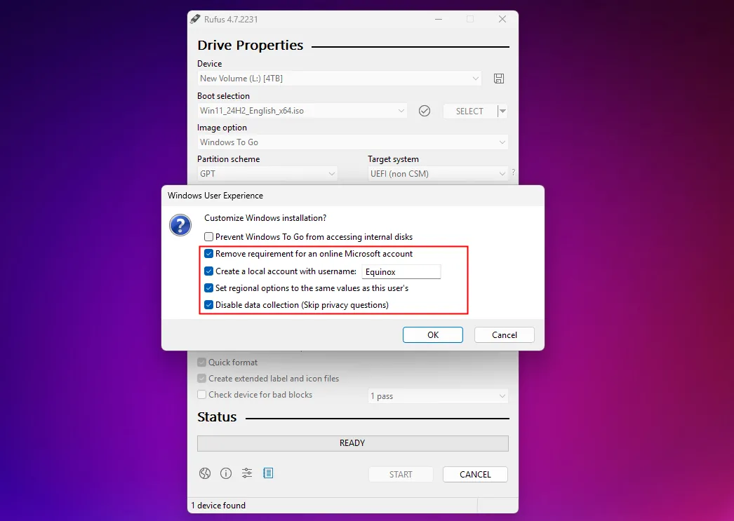 Các tùy chọn trong Rufus để vô hiệu hóa yêu cầu tài khoản Microsoft và tắt thu thập dữ liệu khi cài đặt Windows 11 trên USB.