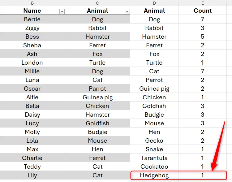 Các vùng tràn dữ liệu trong Excel tự động cập nhật khi 'Hedgehog' được thêm vào danh sách, hiển thị loài vật và số lượng mới.