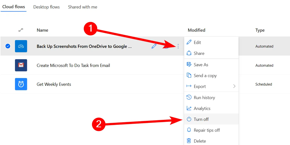 Cách tắt một flow đã tạo trong Power Automate cho Web khi không còn sử dụng