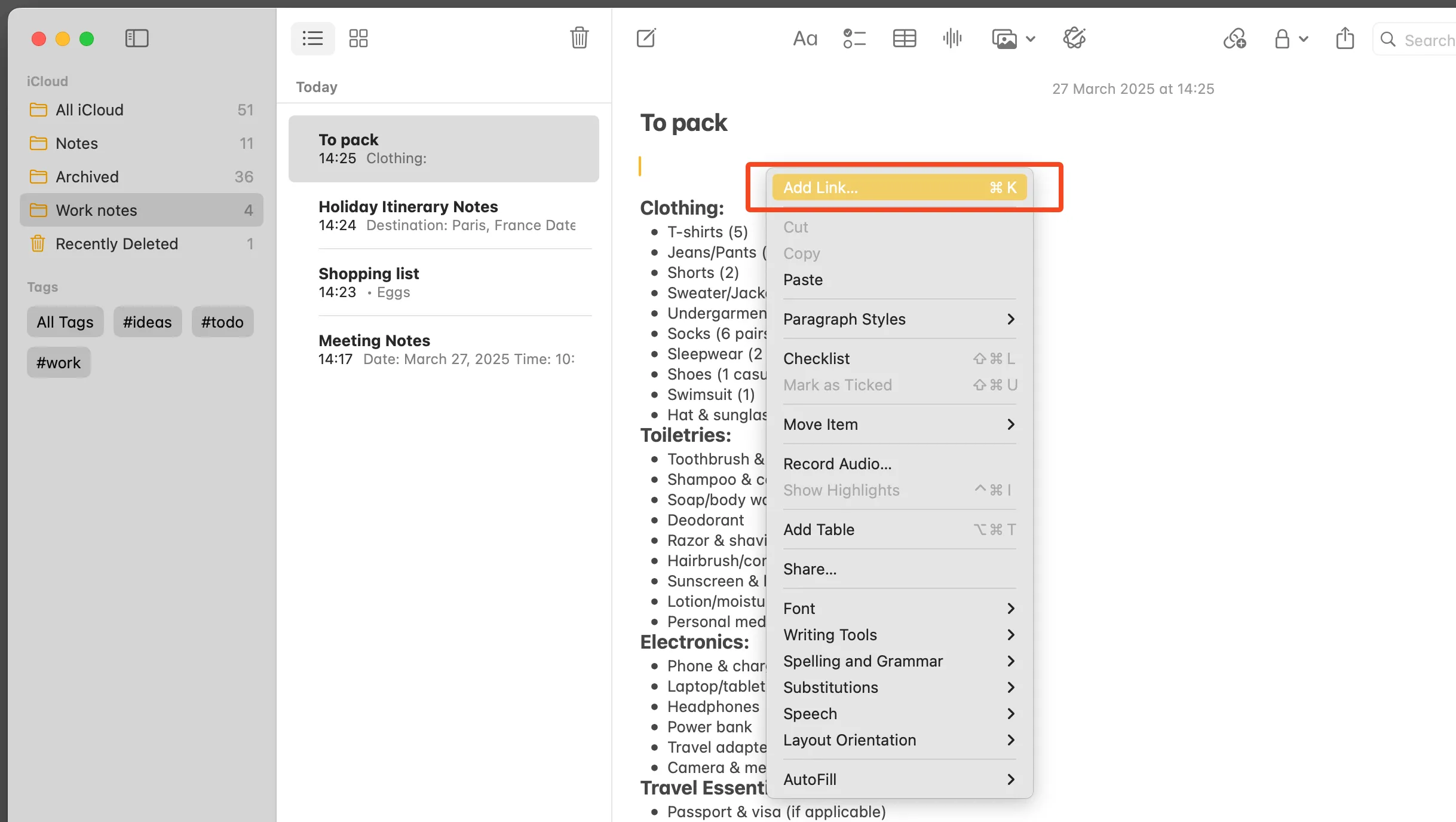 Cách thêm liên kết nội bộ giữa các ghi chú trong Apple Notes.