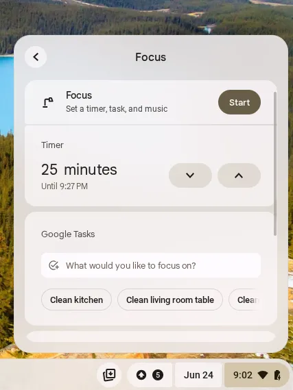Cài đặt chế độ Tập trung (Focus Mode) trên Chrome OS, cho phép người dùng lên lịch ẩn thông báo để tăng cường năng suất.