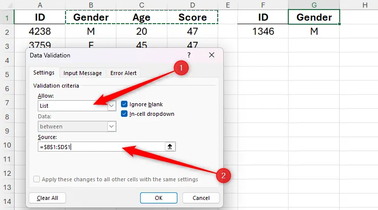 Cài đặt Data Validation List trong Excel, chọn các tiêu đề cột B1 đến D1 làm nguồn