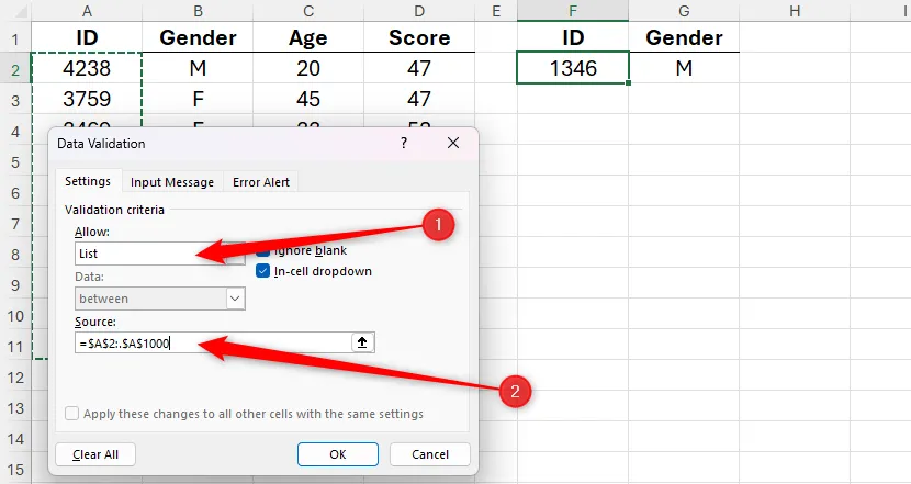 Cài đặt Data Validation List trong Excel, chọn dải ô A2 đến A1000 cho cột ID làm nguồn