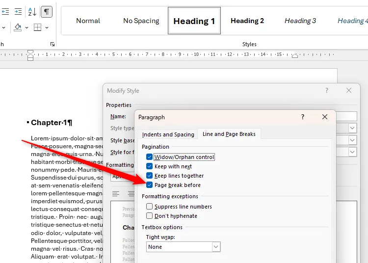 Cài đặt Page Break Before (ngắt trang trước) được chọn trong hộp thoại Paragraph của Microsoft Word