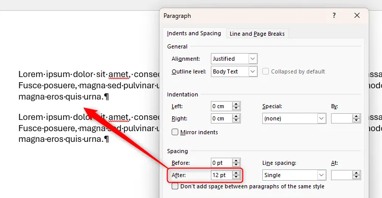 Cài đặt Spacing After trong Microsoft Word là 12 pt, tạo khoảng cách giữa các đoạn văn bản