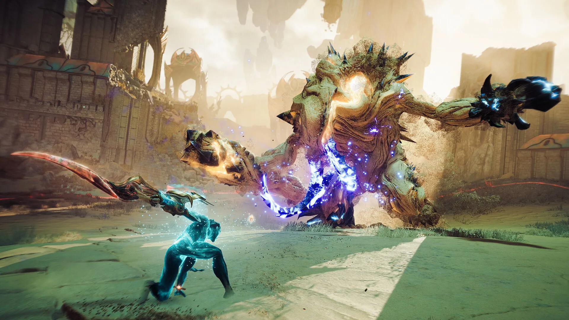 Cảnh chiến đấu trong game Atlas Fallen với nhân vật sử dụng vũ khí ma thuật