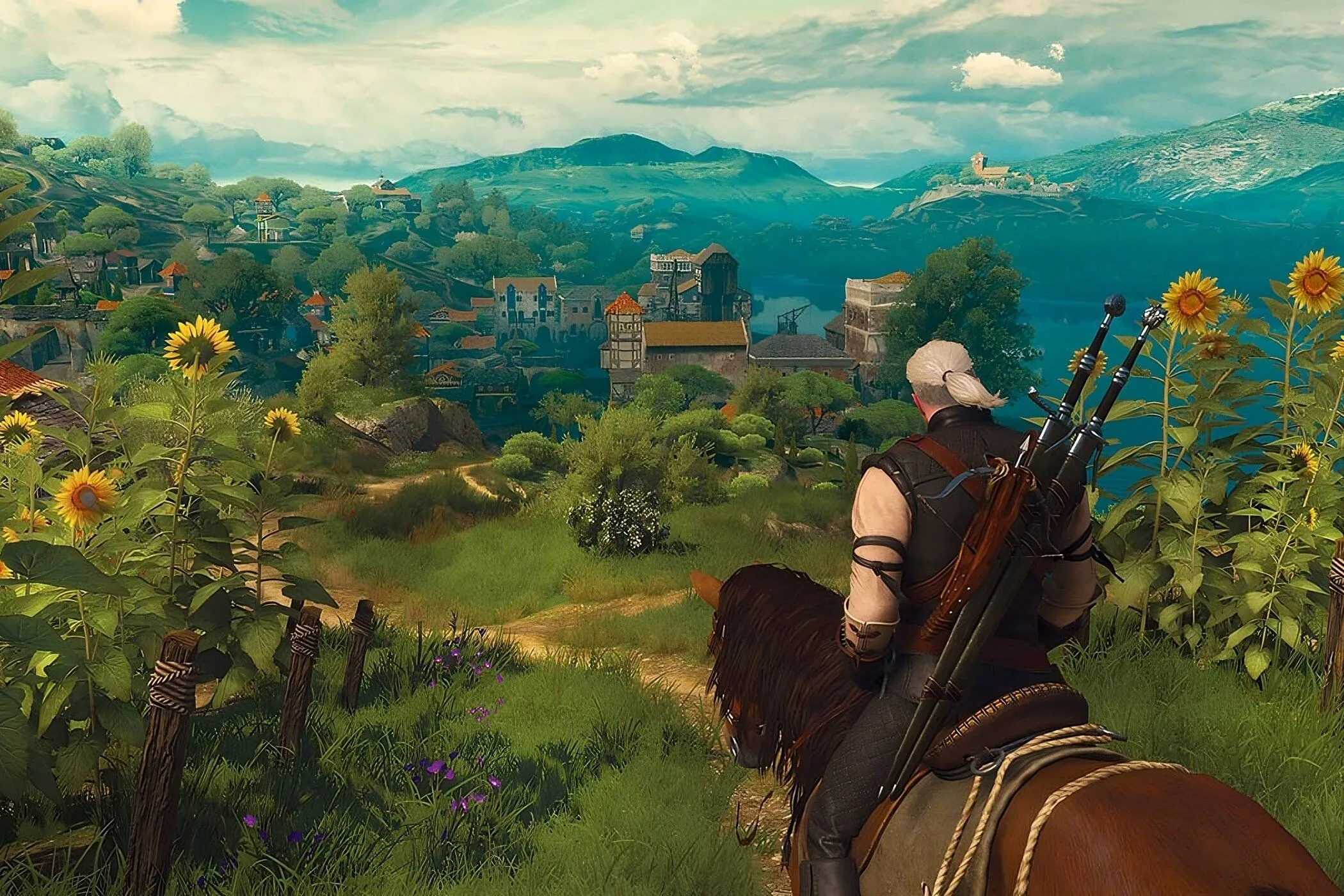 Cảnh trong game The Witcher 3: Wild Hunt với nhân vật chính Geralt cùng Ciri trong một khu rừng