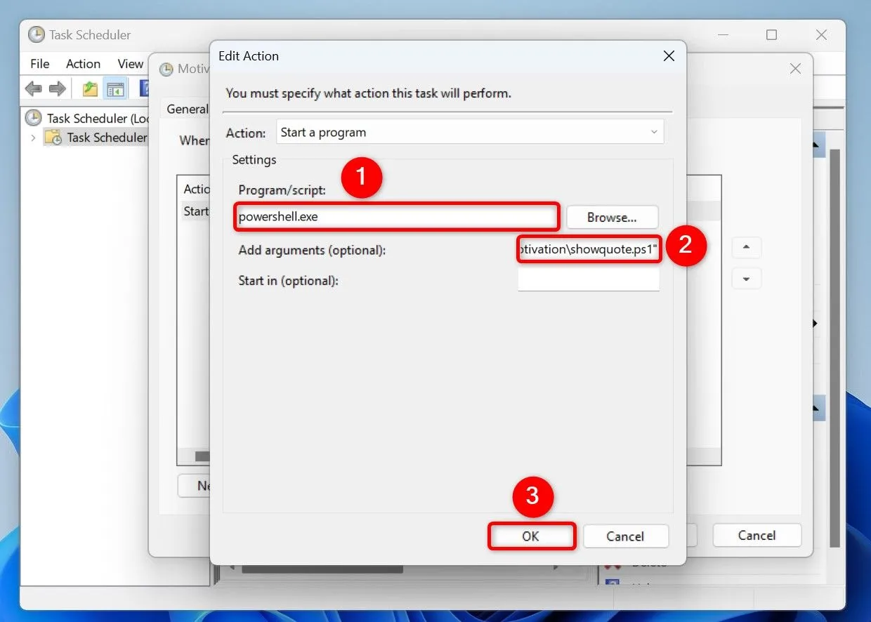 Cập nhật Task Scheduler để thực thi script PowerShell hiển thị câu trích dẫn