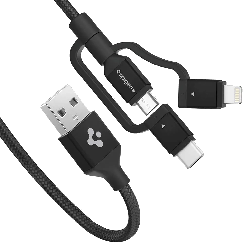 Cáp sạc Spigen DuraSync 3-in-1 Universal Charger Cable tích hợp cổng USB-C, Lightning và Micro-USB.