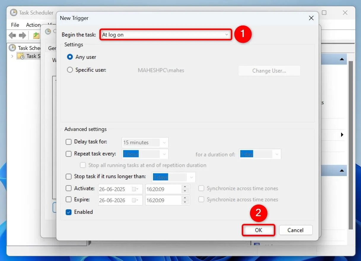 Cấu hình Trigger để hiển thị câu trích dẫn tự động mỗi khi đăng nhập Windows 11