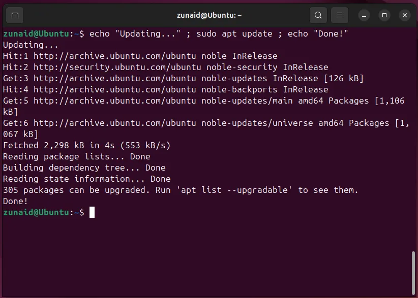 Chạy nhiều lệnh Linux liên tiếp bằng cách sử dụng dấu chấm phẩy (;) để thực hiện tuần tự.