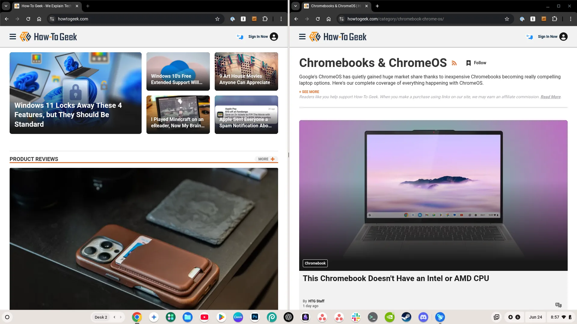 Chế độ chia đôi màn hình (Partial Split) trên ChromeOS hiển thị hai cửa sổ Chrome đang mở, minh họa tính năng đa nhiệm hiệu quả.