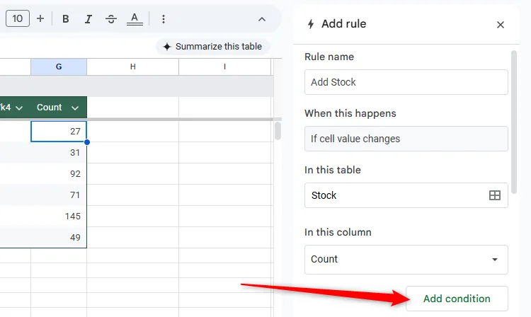 Chọn &quot;Add Condition&quot; để thêm điều kiện cho thông báo trong Google Sheets