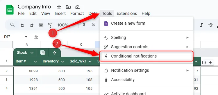Chọn &quot;Conditional Notifications&quot; trong menu &quot;Tools&quot; để quản lý quy tắc
