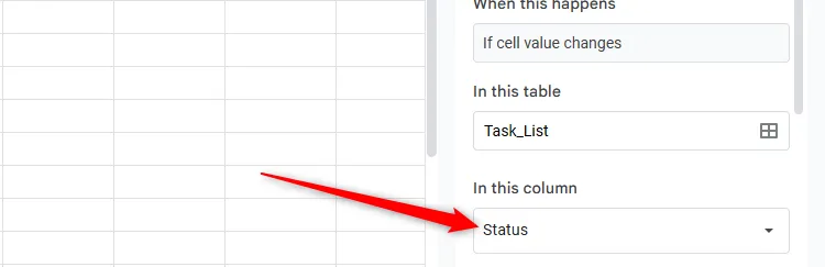 Chọn cột &quot;Status&quot; trong trường &quot;In This Column&quot; để thiết lập điều kiện thông báo
