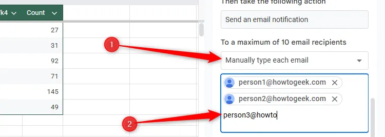 Chọn &quot;Manually Type Each Email&quot; để nhập thủ công các địa chỉ email nhận thông báo