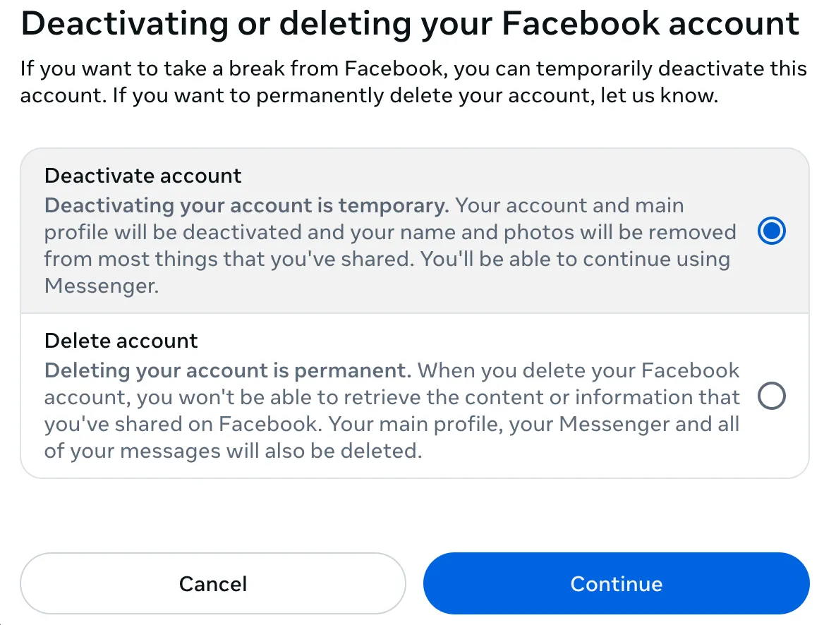 Chọn tùy chọn vô hiệu hóa tài khoản trên Facebook
